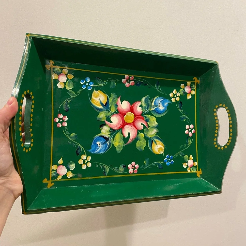 Hand Painted Vintage Wooden Tray | Floral Pattern